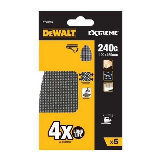 DEWALT Extreme sanding mesh pack, 240 grit, 100x150mm, 4x long life, suitable for wood and PVC, set of 5.
