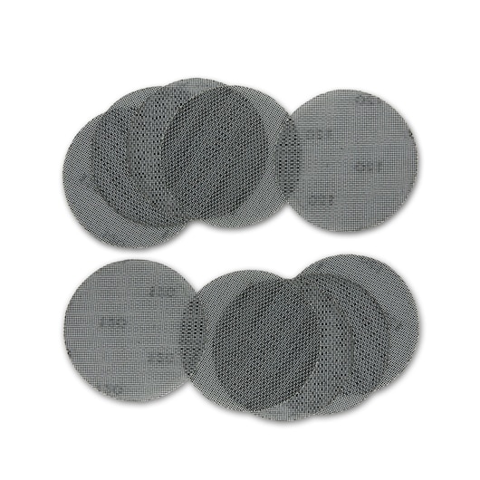 Set of ten round mesh sanding discs with fine grit, arranged overlapping, on white background.