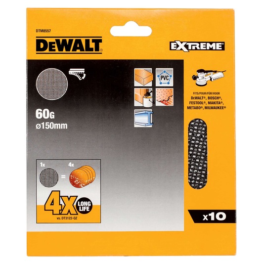 DEWALT DTM8557 sanding discs, 60 grit, 150mm, pack of 10, for wood, PVC, metal, fits multiple sander brands.