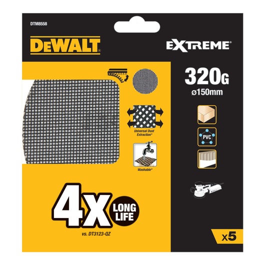 DEWALT DTM8558 sanding mesh pads, Extreme series, 320G, 150mm, 4x long life, compatible, pack of 5.