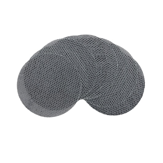Set of round mesh sanding discs arranged overlapping, with black and white grid pattern, on white background.