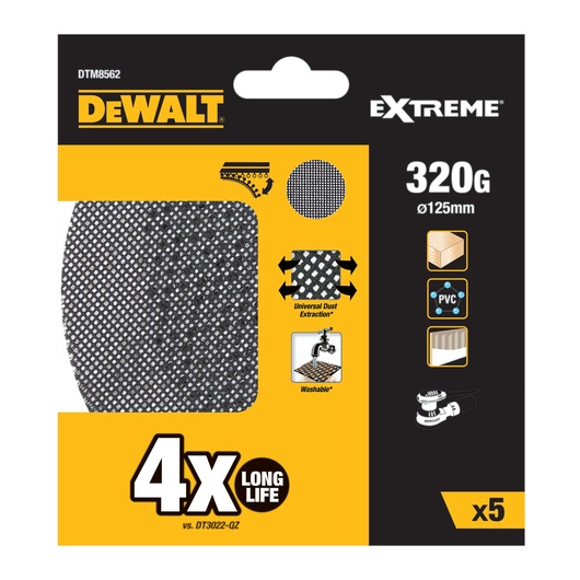 DEWALT DTM8562 mesh sanding discs, 320 grit, 125mm diameter, pack of 5, for wood, PVC, and long life.