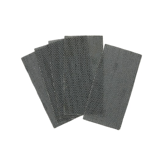 Stack of rectangular black mesh sanding sheets, arranged in a fan shape, for abrasive surface use.