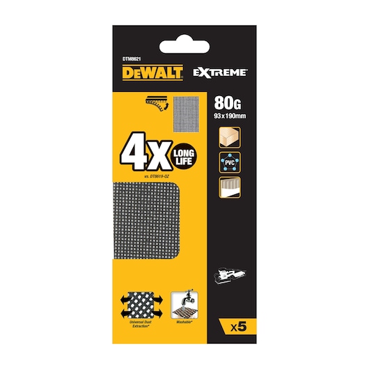 DEWALT Extreme DTM8621 sanding mesh pack, 80 grit, 93x190mm, washable, for wood and PVC, set of 5.