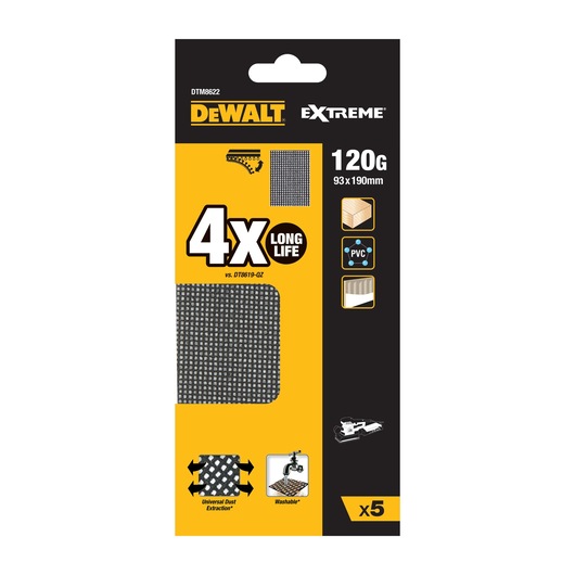 Packaging of DEWALT Extreme sanding sheets, model DTM8622, featuring 120 grit and measures 93 x 190 mm. The pack highlights 4x longer life, compatibility with universal dust extraction systems, washability, and suitability for wood, PVC, and board materials. Contains 5 sheets.