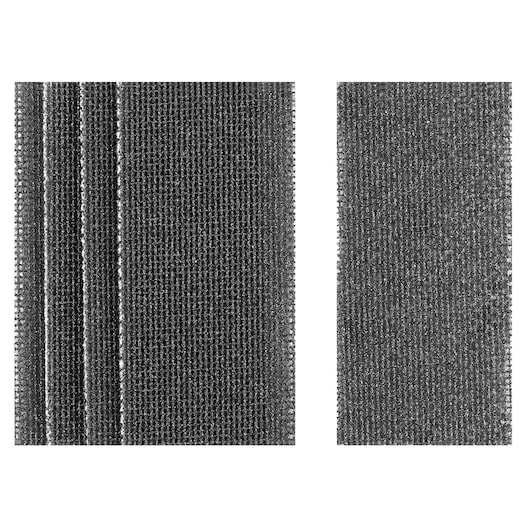 Two rectangular black abrasive mesh sanding sheets with textured surfaces, shown side by side on a white background.
