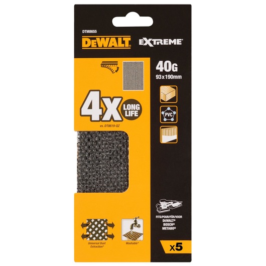 Front packaging of DEWALT EXTREME DTM8655 40 grit sanding sheets, size 93x190mm. The package shows five sheets, highlights '4X Long Life', universal dust extraction, washable, fits DEWALT, Bosch, and Metabo sanders, suitable for wood, PVC, and certain surfaces.