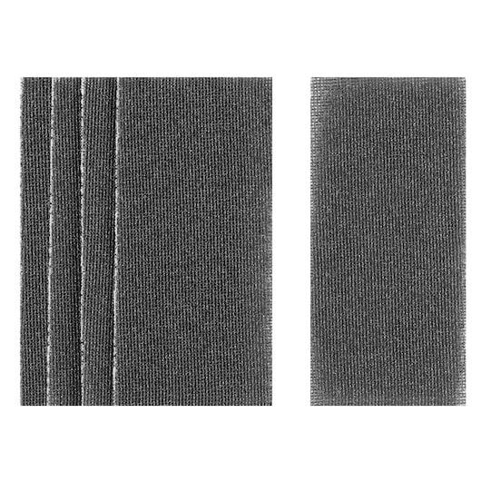 Two rectangular black sanding sheets with textured surface and fine grit, displayed side by side.