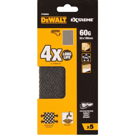 DEWALT Extreme sanding sheets pack, 60 grit, 93x190mm, 4x long life, washable, universal dust extraction, 5 pieces.