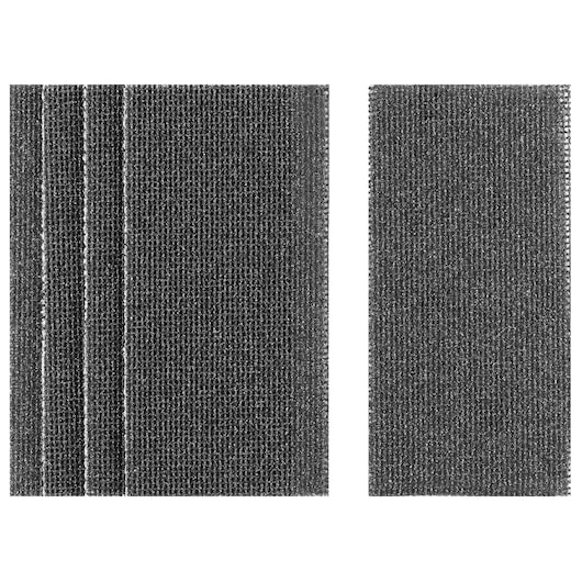 Two rectangular DEWALT sanding mesh sheets lay side by side, featuring a textured abrasive surface.