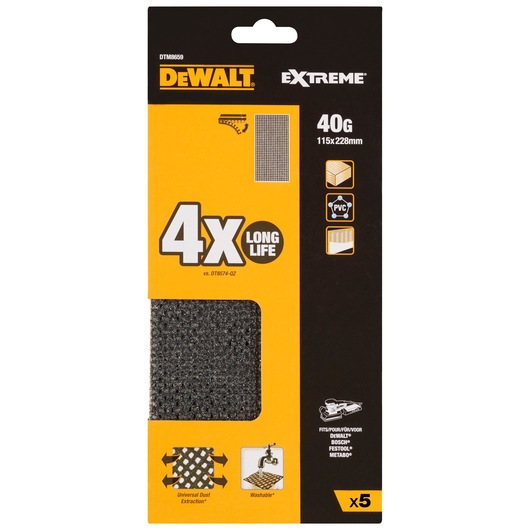 DEWALT Extreme sanding sheets, 40 grit, 115x228mm, pack of 5, for wood and PVC, washable, long life.