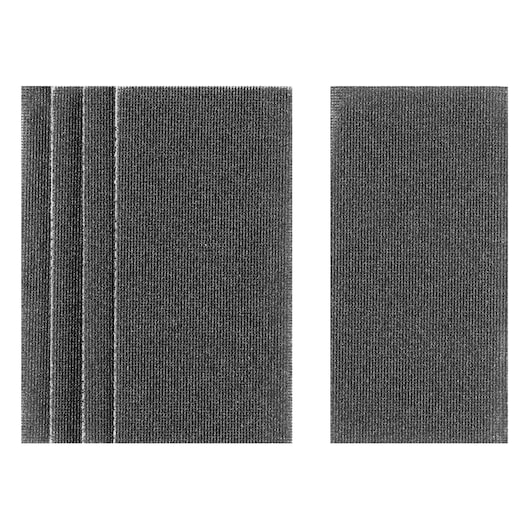 Black rectangular sanding sheets, shown in a set, arranged side by side on a white background.