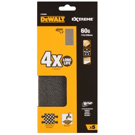Packaging for DEWALT Extreme sanding sheets, model DTM8660. The package contains five sheets, each measuring 115x228mm with grit size 60. Features include long life, universal dust extraction, and washability. Suitable for use on wood and PVC, and compatible with DEWALT, Bosch, Festool, and Metabo sanders.