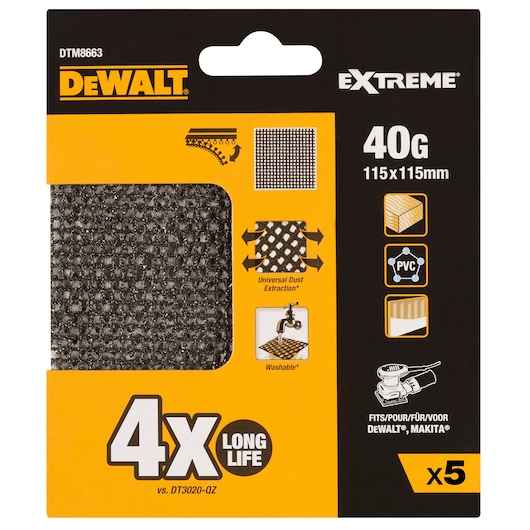 DEWALT DTM8663 sanding sheets, 40G, 115x115mm, pack of 5 for power tools, washable, long life, fits DEWALT, Makita.