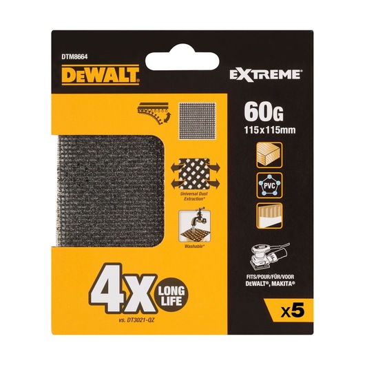 DEWALT DTM8664 sanding sheet pack, 60G grit, 115x115mm, for PVC and wood, 4x long life, contains 5 sheets.
