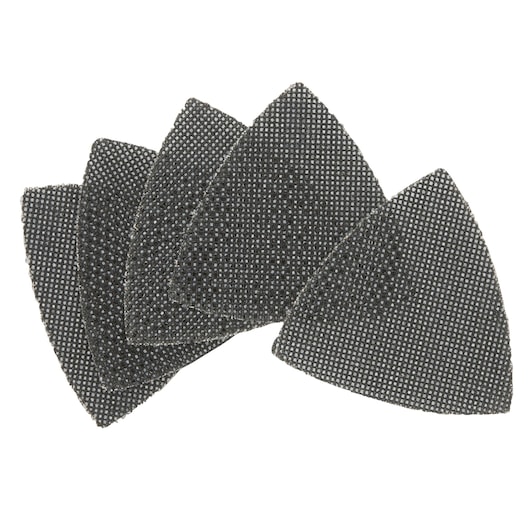 Set of five triangular mesh sanding sheets, dark color, arranged fanned out on a white background.