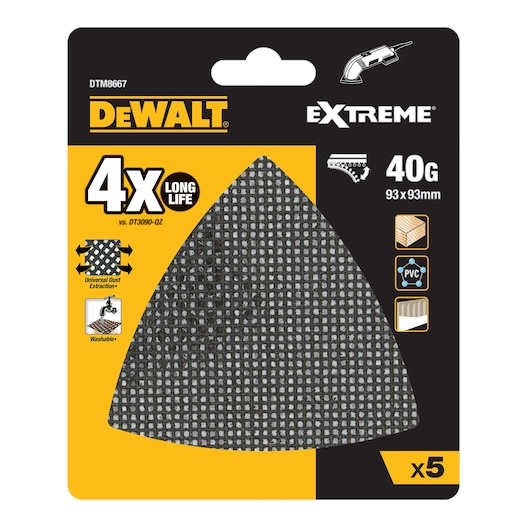 DEWALT Extreme 40G sanding mesh pads, pack of 5, 93x93mm, for wood, PVC, and washable. SKU DTM8667.