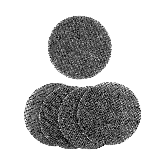 Five round mesh sanding discs arranged on a white background.