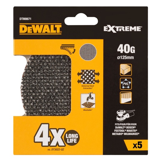 DEWALT Extreme sanding discs 40G, 125mm, 5 pack. Abrasive mesh visible in packaging. For wood, PVC, and more.