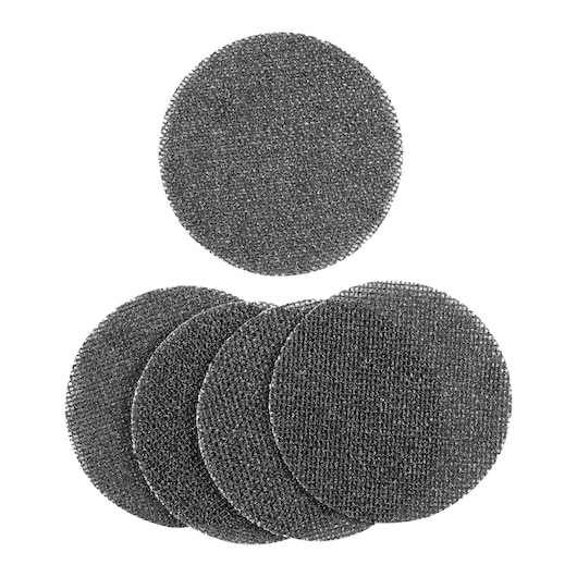 Five round mesh sanding discs, dark grey, arranged on a white background, used for surface finishing tasks.