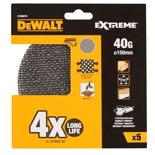 DEWALT Extreme 40G sanding mesh discs, 150mm, pack of 5, for dust extraction and long life, fits various brands.