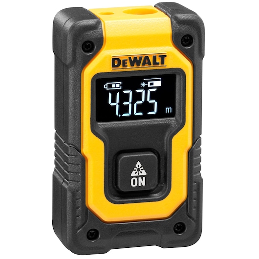 A DEWALT branded yellow and black laser distance measurer with a digital display showing 4.325 meters and an ON button below the screen.