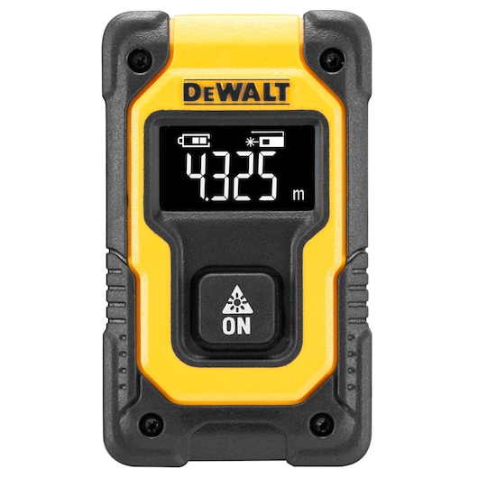 Front view of a DEWALT laser distance measurer with a digital display showing a measurement of 4.325 meters. The device is yellow and black with a prominent on button.