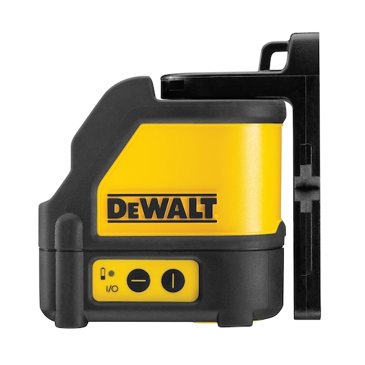 Yellow DEWALT laser level DW088KD with black buttons and bracket, shown from the side.