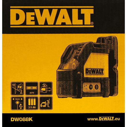 Product packaging for the DEWALT DW088K, featuring an illustration of a laser level tool. The box is primarily yellow and black, displays the DEWALT logo, technical icons for laser features, battery type (3 x AA), and the website www.DEWALT.eu.