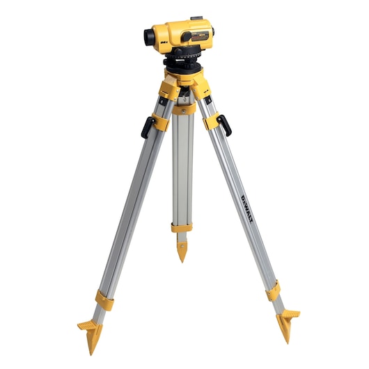 Yellow DEWALT auto level on adjustable aluminum tripod for surveying and photography.
