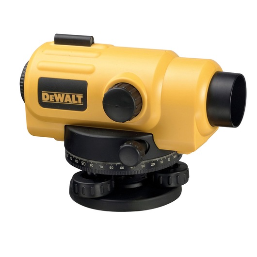 Yellow DEWALT optical level with adjustment knobs and a black base for surveying or construction work.