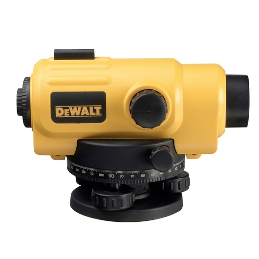 Yellow DEWALT automatic optical level for precise measurements, shown with adjustment knobs and scale base.