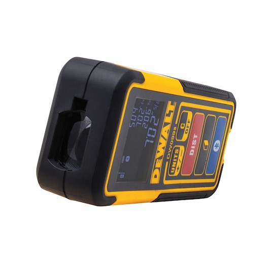 A DEWALT DW099S laser distance measurer with a digital display and control buttons, shown at an angle. The device has a yellow and black exterior with labeled buttons for units, clear, and distance functions.