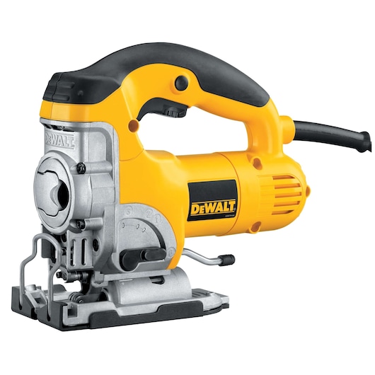 A DEWALT electric jigsaw, model DW331K, featuring a yellow and black design with a metal cutting base and ergonomic handle.