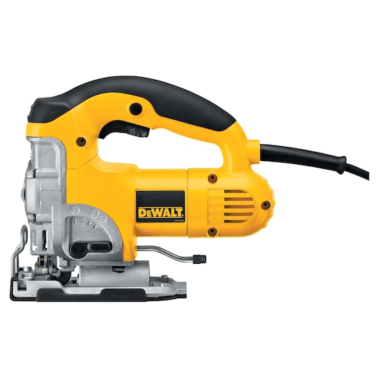 A DEWALT DW331K electric jigsaw with a yellow and black handle, shown in a side view with its power cord attached.