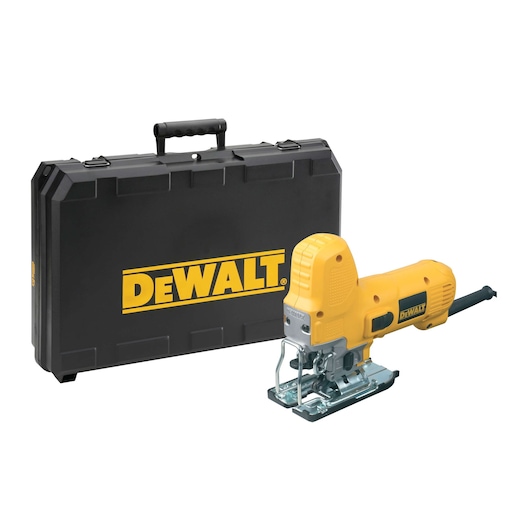 DEWALT yellow electric jigsaw DW343K shown with a black carrying case.