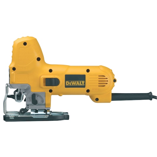 Yellow DEWALT jigsaw DW343K with a black handle and metal base, shown from the side on a white background.