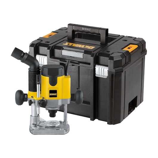DEWALT plunge router with a black carrying case, shown front view on a white background.