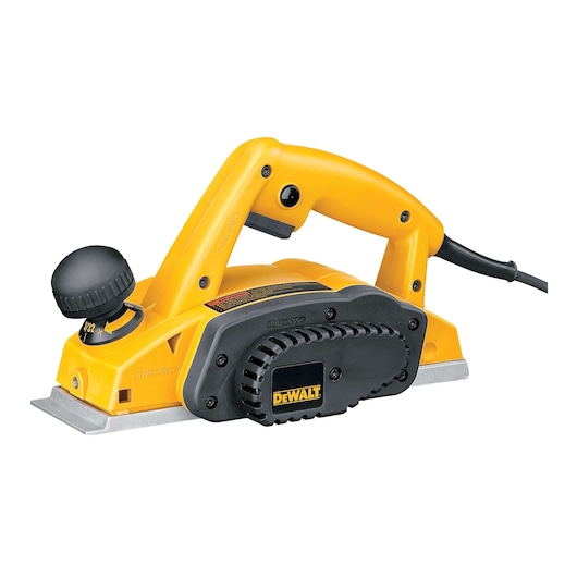 A DEWALT electric hand planer in yellow and black, designed for smoothing and shaping wood surfaces. The tool features a handle, adjustment knob, and power cord.