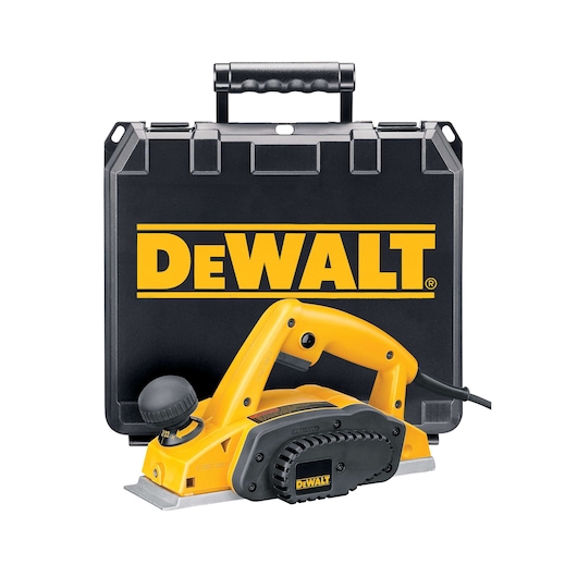 A yellow DEWALT electric hand planer placed in front of a black DEWALT carrying case.