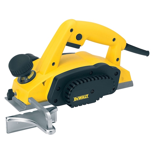 A yellow and black DEWALT electric hand planer with ergonomic handle, adjustment knob, and metal base, designed for woodworking.