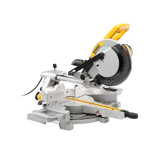 DEWALT DW712 sliding compound miter saw with yellow handle and blade guard on a white background.