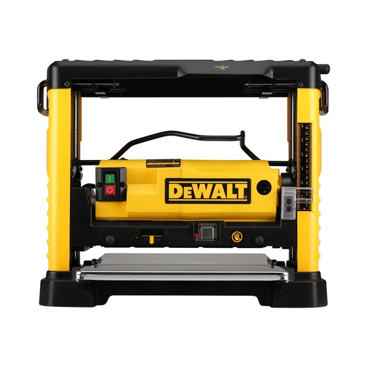 Front view of a DEWALT DW733 yellow and black woodworking planer, showing the control buttons, DEWALT logo, and depth gauge.