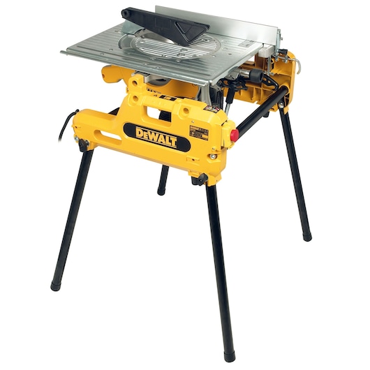 DEWALT saw with stand, photography, SKUs DW743N and DW743, yellow body and black legs, product image.