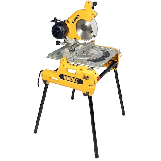 A yellow and black DEWALT branded mitre saw with a circular blade, mounted on a sturdy metal stand with four legs. The saw is designed for precise cutting of wood and other materials.