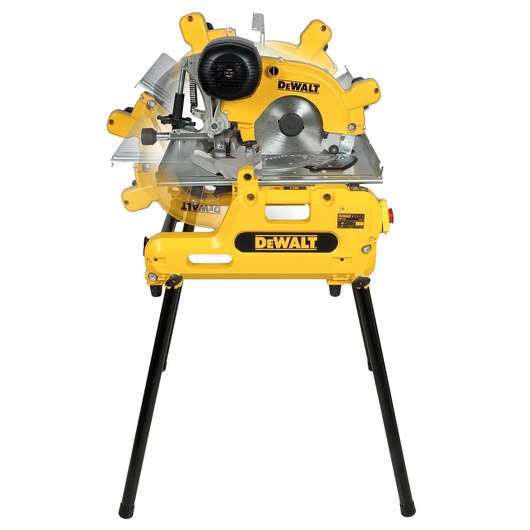 DEWALT DW743N yellow saw with stand for woodworking and cutting tasks, shown front view on white background.
