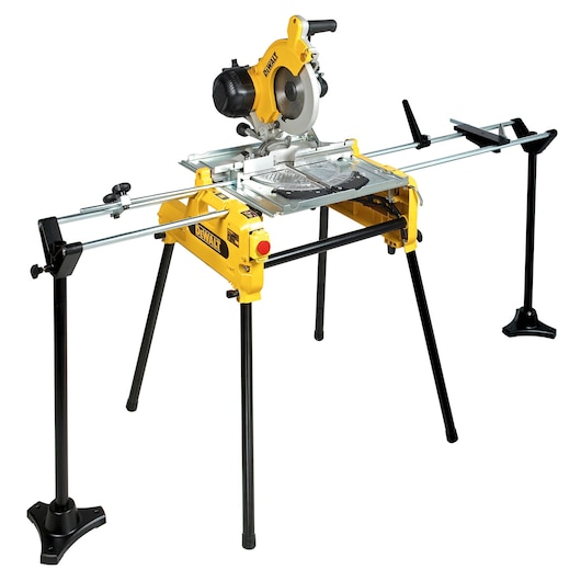 DEWALT DW743N yellow and black combination saw on a foldable stand for woodworking tasks.
