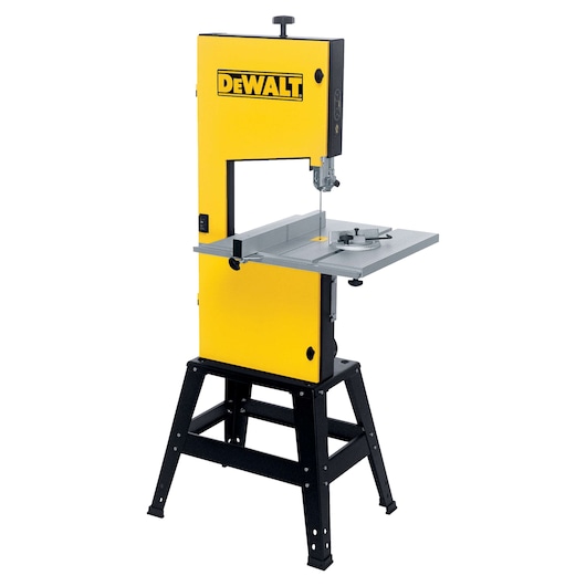 DEWALT yellow and black bandsaw machine with metal worktable and four-legged stand.