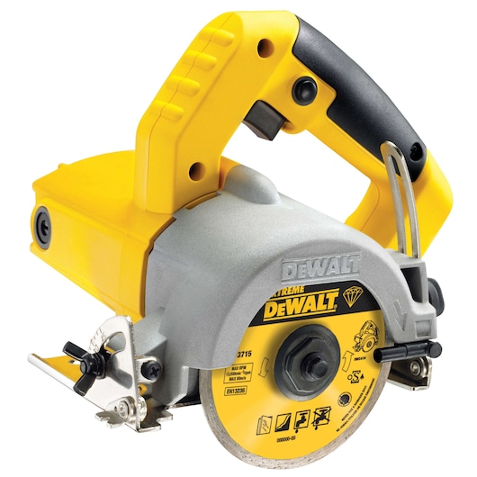 DEWALT DWC410 handheld circular saw with yellow handle and blade guard, designed for cutting materials.