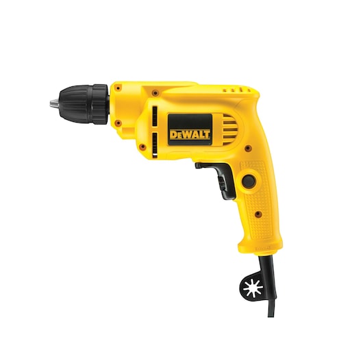 A yellow corded electric drill with a black chuck and handle, branded DEWALT.